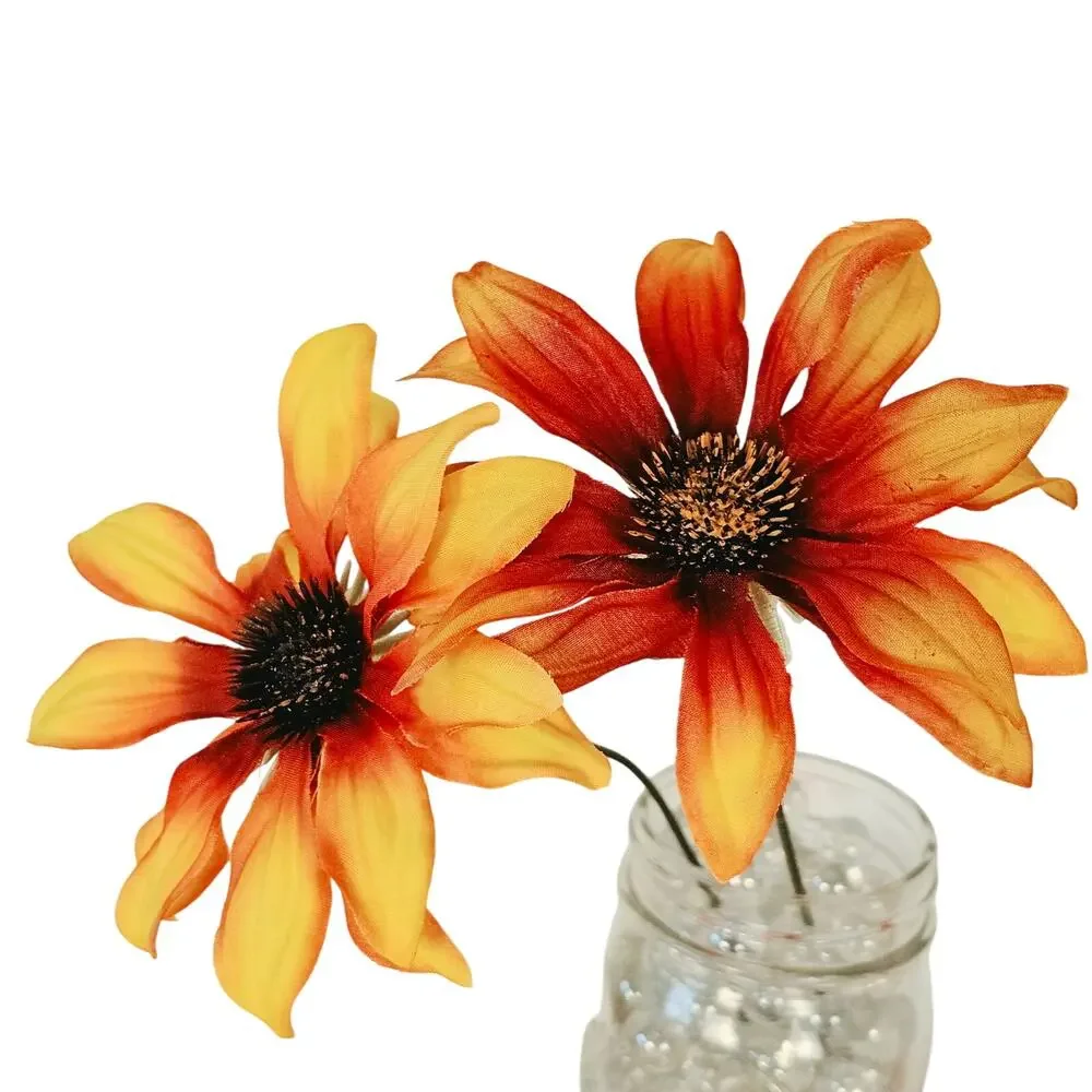 20 Artificial Silk Sunflower Stems Orange Yellow Ombre Black Center 11